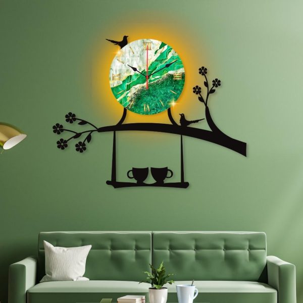 Bird On Tree With Coffee Cup Dial Wooden Wall Clock