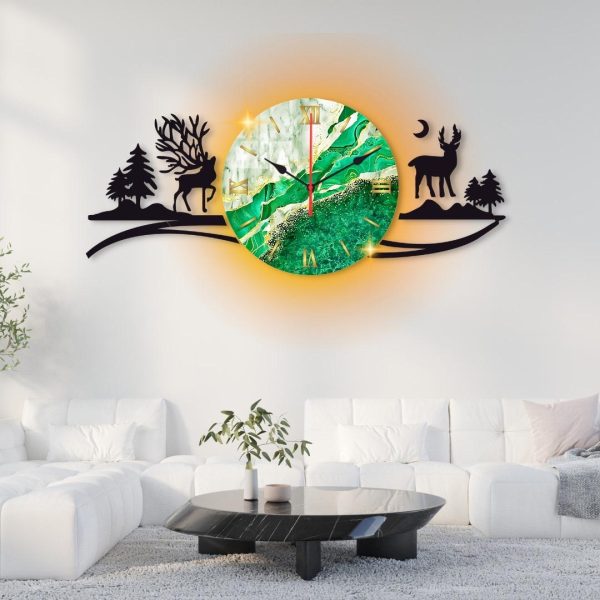 Deers In Forest Dial Wooden Wall Clock